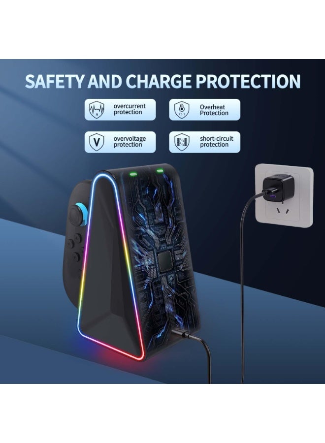 أوشيما محطات شحن متوافقة مع أجهزة التحكم Joycon لـ Nintendo Switch 2، محطة شحن سريعة 4 في 1 بضوء RGB بـ 7 ألوان، وملحقات متوافقة مع Switch تدعم الشحن ثنائي الاتجاه - Image 5